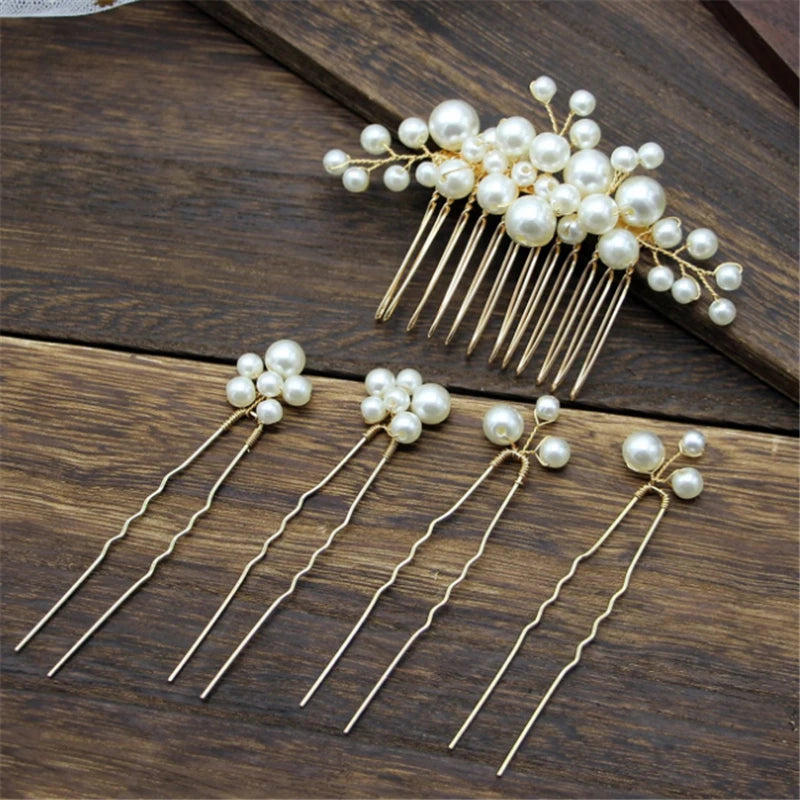 Pearls Wedding Hair Comb Bridal Hair Pins Clips Set Women Hair Jewelry Accessories Handmade Headpieces Women Hair Ornaments