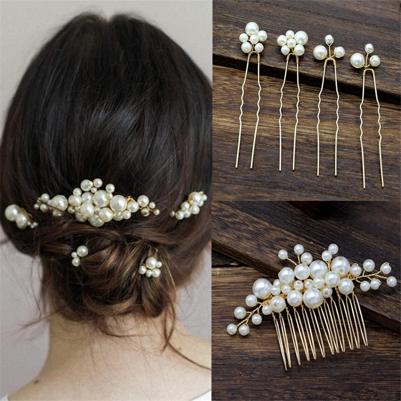 Pearls Wedding Hair Comb Bridal Hair Pins Clips Set Women Hair Jewelry Accessories Handmade Headpieces Women Hair Ornaments