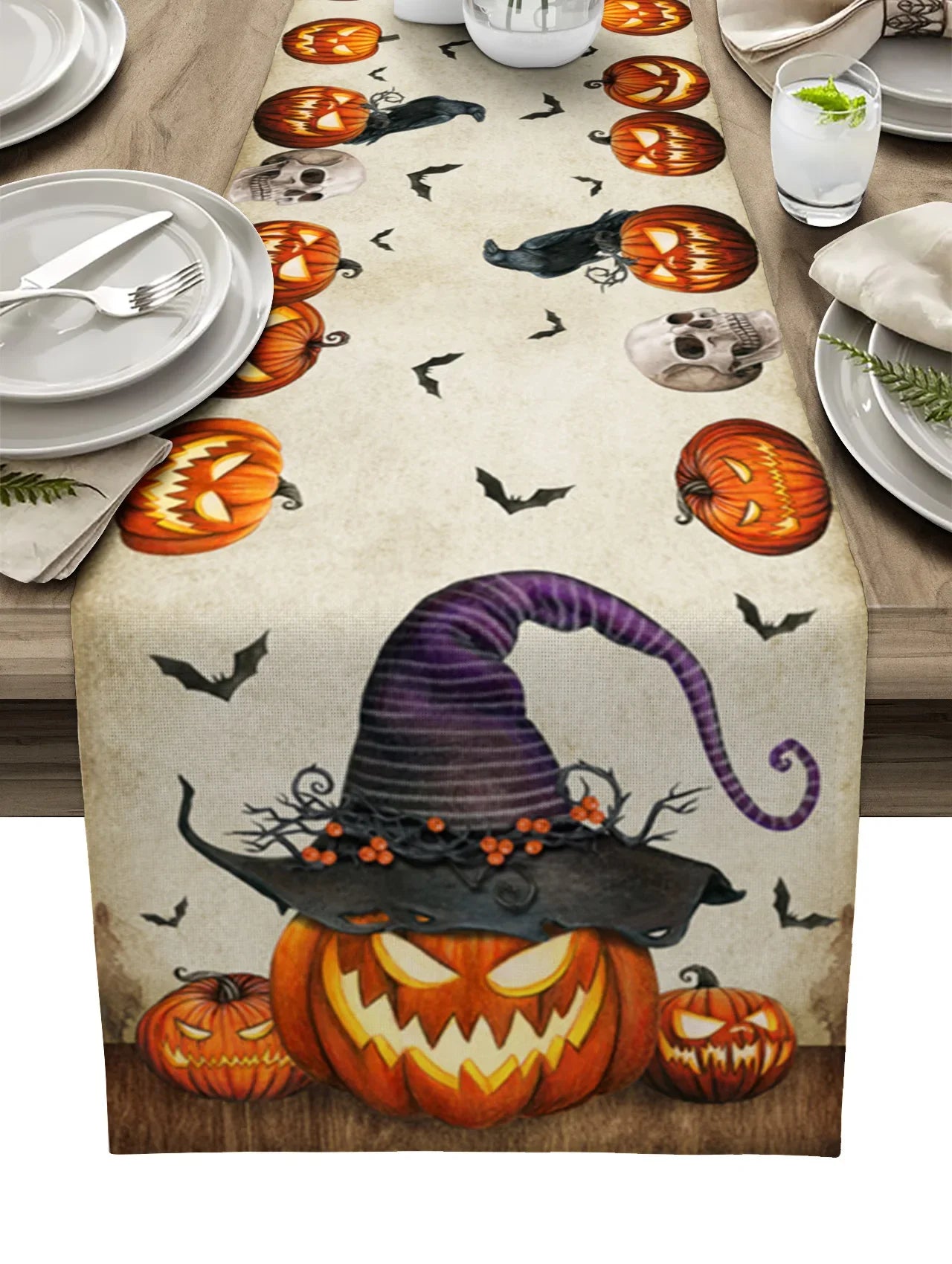 Halloween Horror Pumpkin Bat Linen Table Runners Kitchen Decor Reusable Table Runner for Dining Table Halloween Decorations