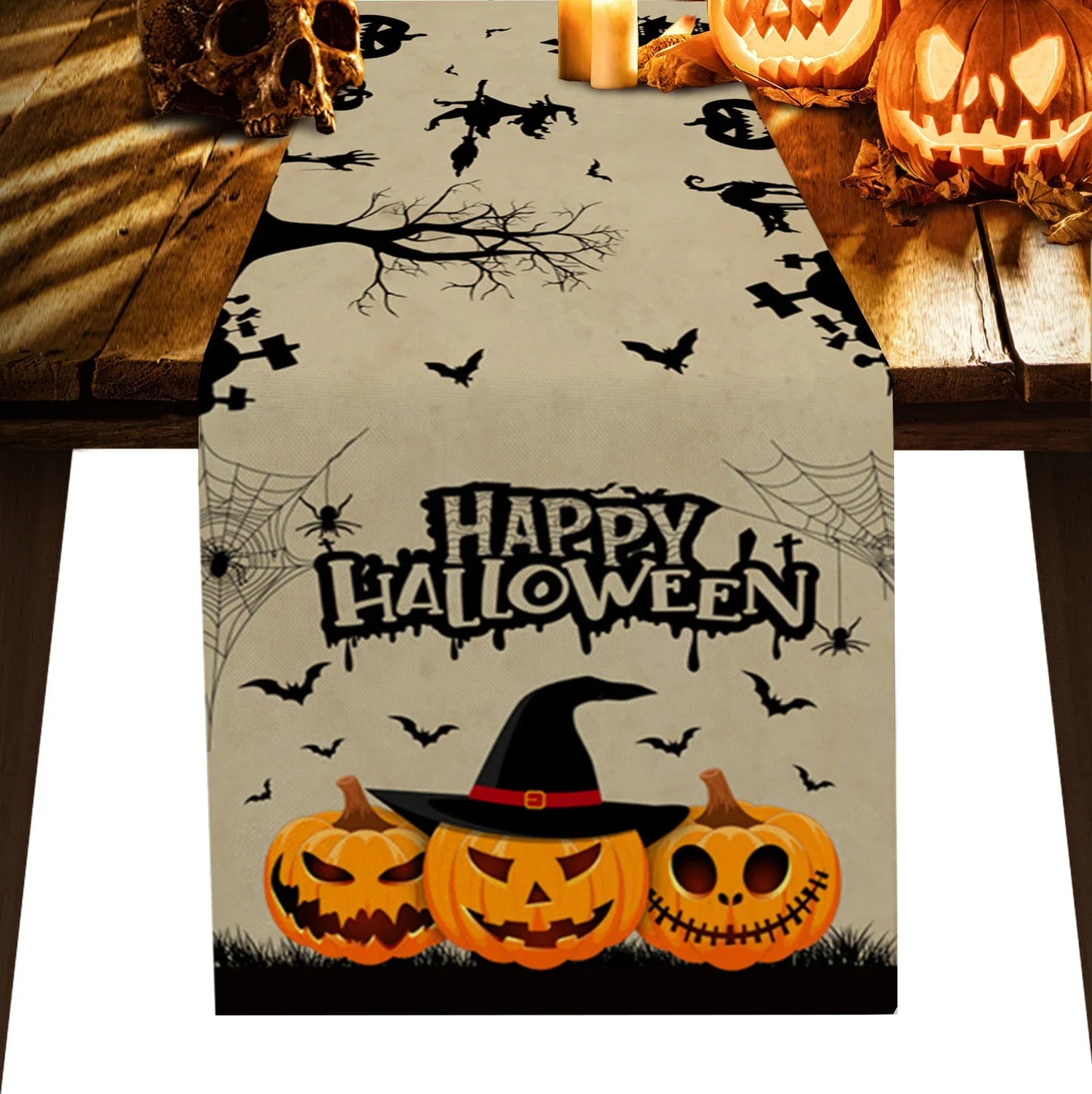 Halloween Horror Pumpkin Bat Linen Table Runners Kitchen Decor Reusable Table Runner for Dining Table Halloween Decorations