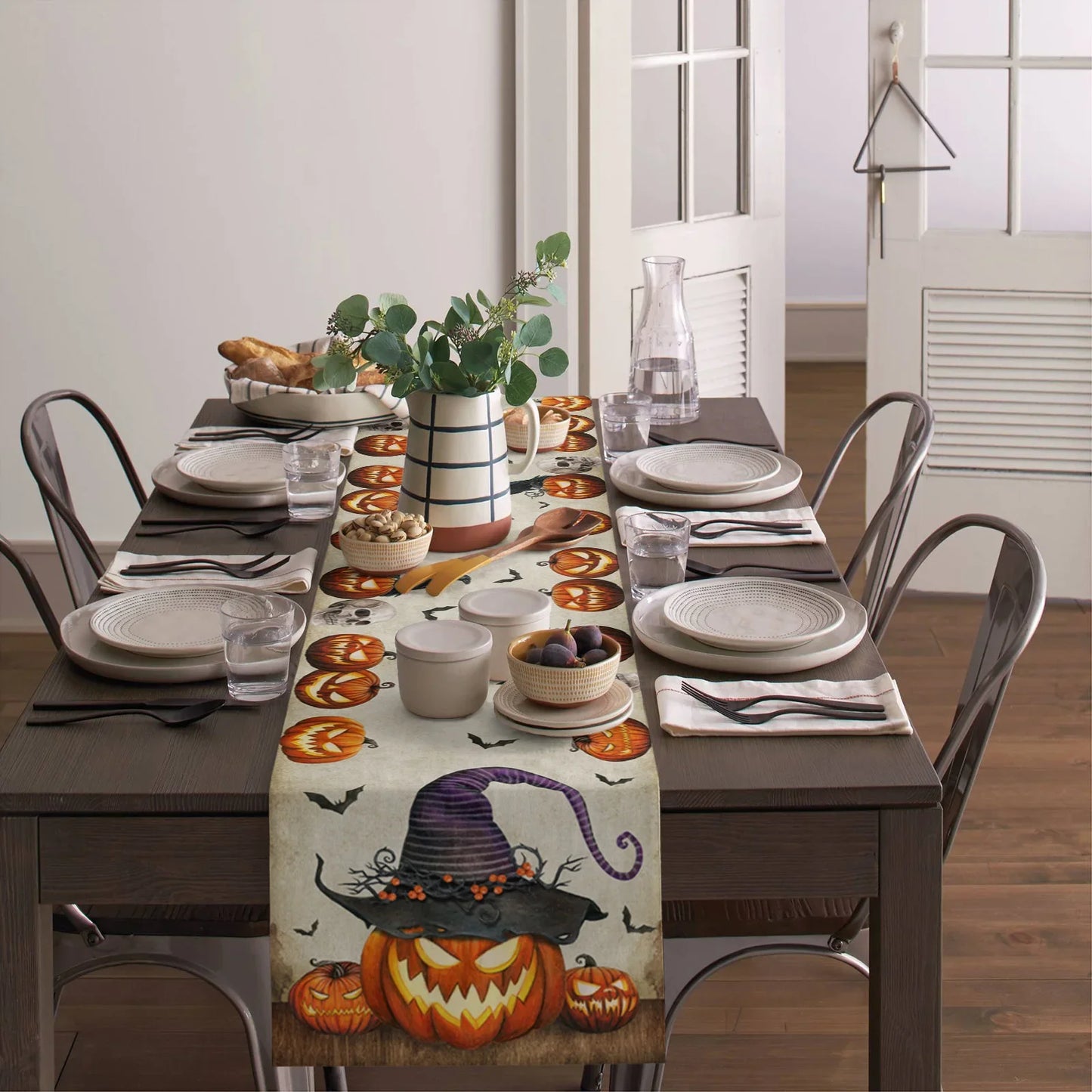 Halloween Horror Pumpkin Bat Linen Table Runners Kitchen Decor Reusable Table Runner for Dining Table Halloween Decorations