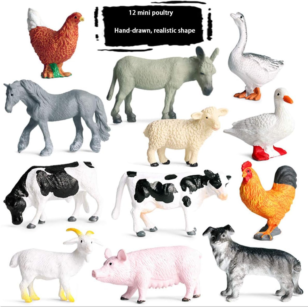 Farm Animals Toys, Mini Realistic Simulation Plastic Learning Educational Playset Party Favors Bath Toys Cupcake Toppers 12 Animal Statues Horse, Dog, Pig, Cow, Chicken, Duck, Animal Figures