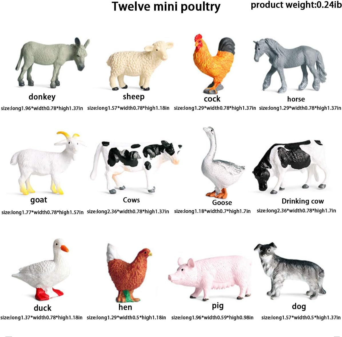 Farm Animals Toys, Mini Realistic Simulation Plastic Learning Educational Playset Party Favors Bath Toys Cupcake Toppers 12 Animal Statues Horse, Dog, Pig, Cow, Chicken, Duck, Animal Figures